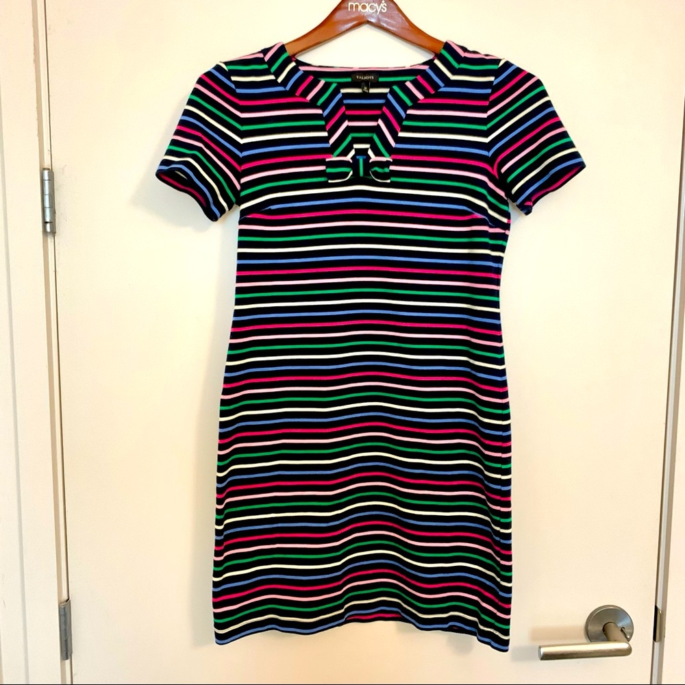 Women's Talbots Rainbow Stripe Shift Dress Bow Navy Size Medium Excellent